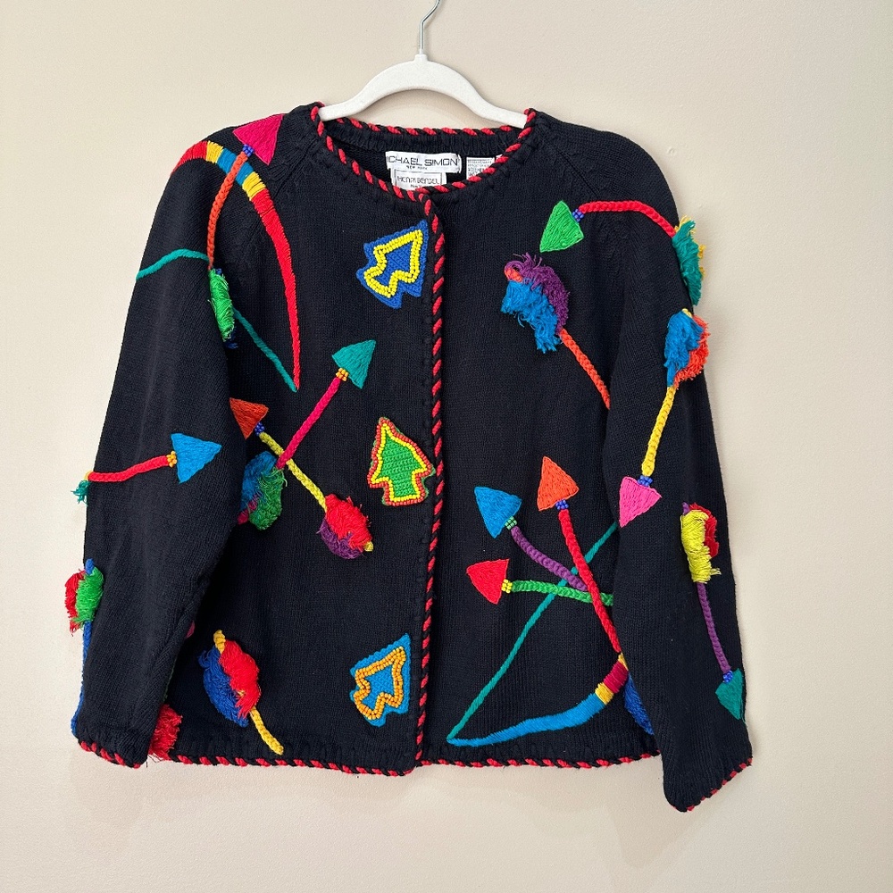 Michael Simon Vintage 1991 Knit Cardigan Abstract Art Sweater Bow & Arrow Bead